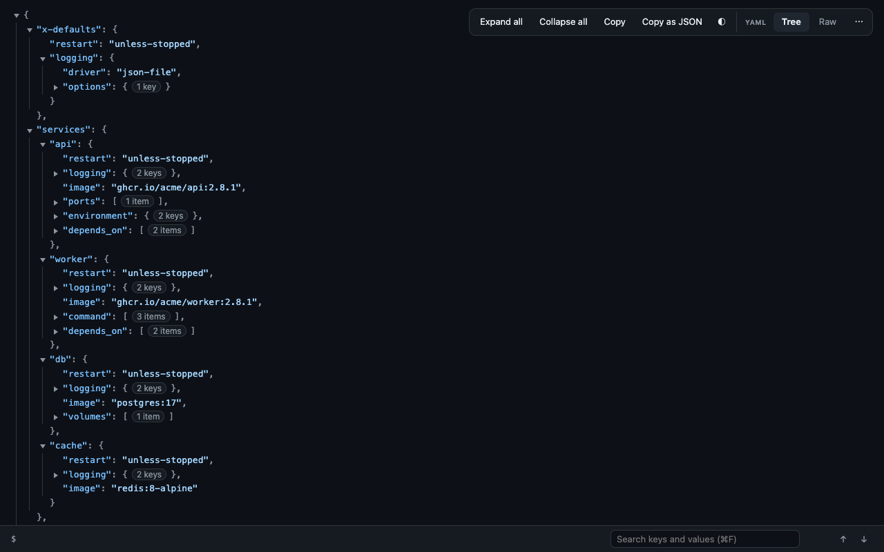 A docker-compose YAML file shown as a collapsible tree in dark mode, with merged defaults resolved